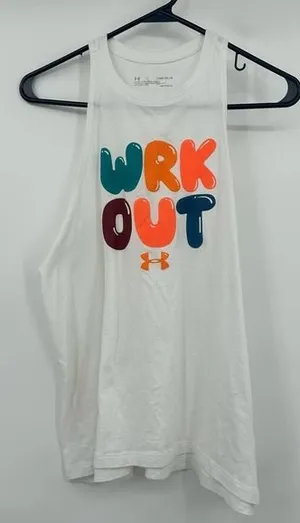 Under Armour size medium loose fit white tank top wrk out balloon letter print‎ thumbnail 1