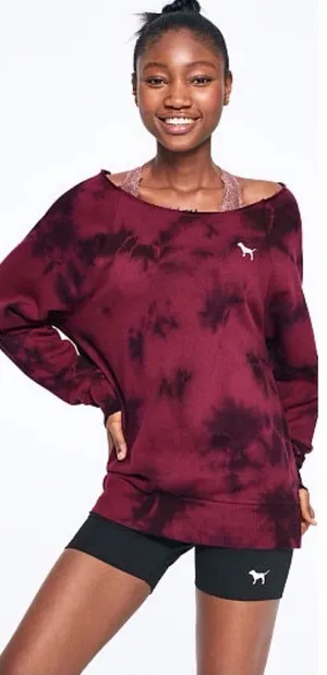 Victoria’s Secret PINK Raw Cut off shoulder Crew Sweater Top Ruby Tie Dye medium thumbnail 1