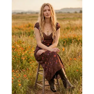 Free People Dainty Lace Retro 90s Butterfly Babe Maxi Dress Brown Combo Medium thumbnail 2