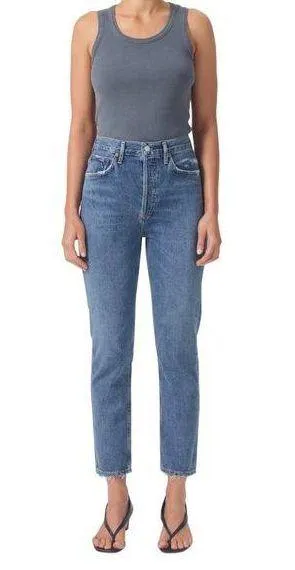 Riley High Rise Straight Crop Denim Jeans Button Fly In Frequency 27 thumbnail 1
