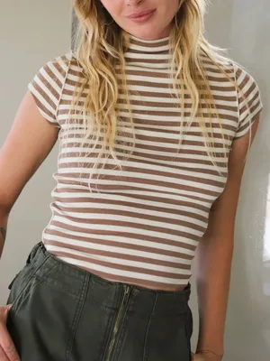 Free People We The Free Brown Lola Striped Tee Large thumbnail 1