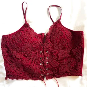 Red Lace Corset Crop Top – Zipper Back, Faux Leather Tie thumbnail 7
