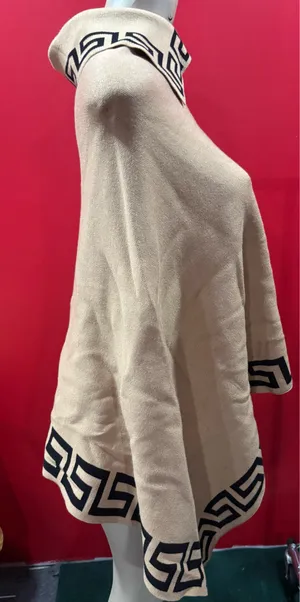 Women's Cream Knit Cape with Black Geometric Trim thumbnail 2