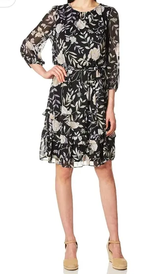 Calvin Klein Womens-XL Long Sleeve Dress with Belt & Teirs Black Floral‎ thumbnail 1