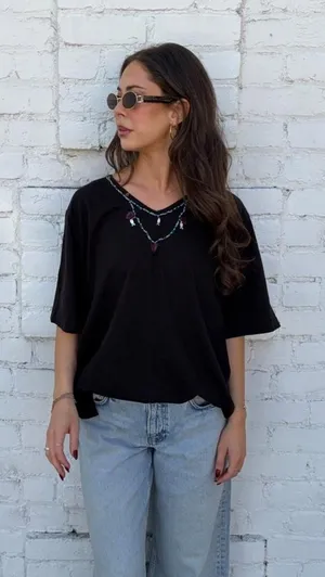 Vintage black beaded oversized t-shirt sz XL #fairycore #whimsygoth thumbnail 1
