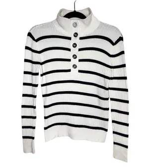 Lauren  Big Button High Neck Striped Pullover Sweater Small White thumbnail 1