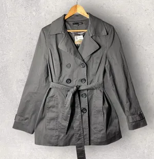 NEW Etam Trench Coat Womens US 12 Gray Double Breasted Belted‎ Stretch Jacket thumbnail 1
