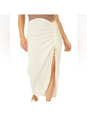 Free People Natural Cerine Ruched Midi Skirt Ivory Gauze Size 10 thumbnail 6