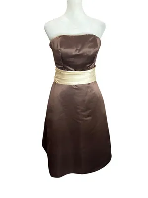 Bill Levkoff Chocolate Brown Satin Strapless Fit Flare Midi Dress Ivory Sash 6 thumbnail 2