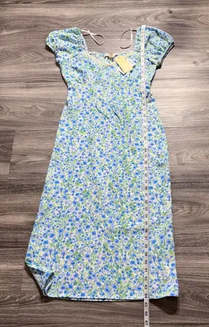 Monteau Blue & Green Floral Midi Dress with Puff Sleeves thumbnail 1