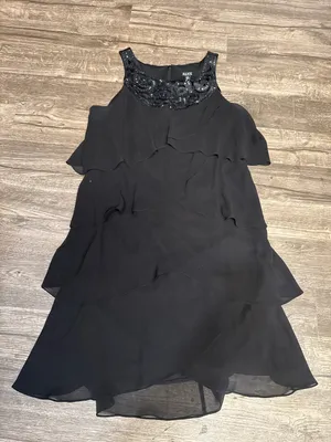 SLNY Black Layered Chiffon Beaded Floral Formal Dress Size 16 👗 thumbnail 8