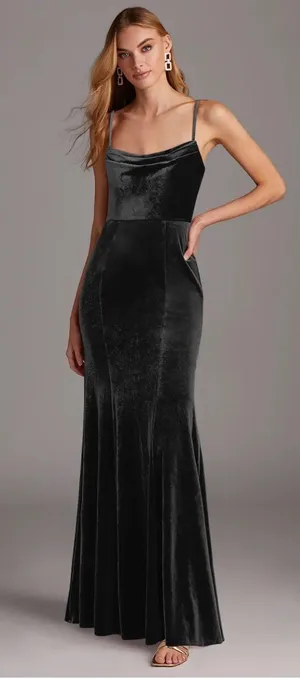 Azazie Black Velvet Floor Length Gown thumbnail 4