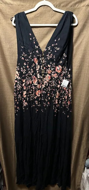 NWT Urban Outfitters Pink Floral V Neck Jumpsuit Black Size Large Wide Leg thumbnail 1