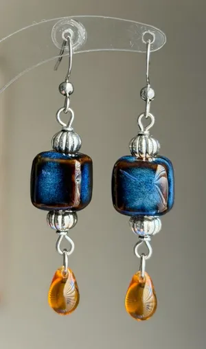 Handmade ceramic cube & Czech teardrop chic boho retro vintage style dangle earrings thumbnail 1