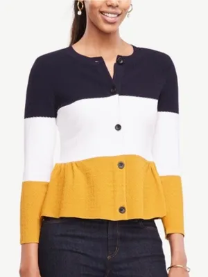 Ann Taylor Womens Colorblock Peplum Cardigan Medium Navy Mustard Preppy Mod thumbnail 1