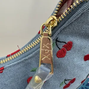 Betsey Johnson Denim Cherry Embroidered Heart Charm Gingham Shoulder Bag NWT thumbnail 6