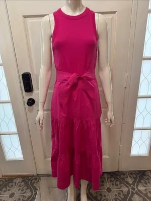 Veronica Beard AUSTYN Lg DkPink Tiered Pima Cotton Sleeveless Midi Dtess Sz S thumbnail 2