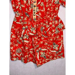 Farm Rio Anthropologie Long Sleeve Romper Red Orange Floral Cotton $228 NWT thumbnail 10