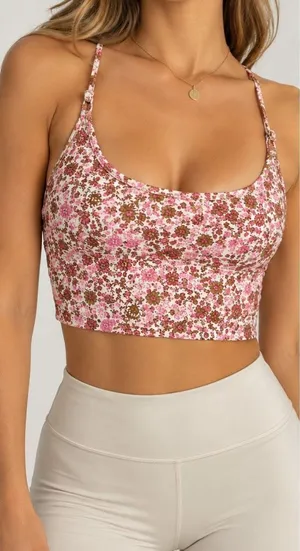 JoyLab Floral Longline Sports Bra Small Pink Brown Strappy Yoga Crop Top thumbnail 1