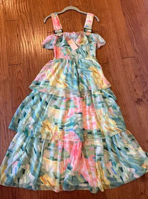 Anthropologie Hutch NWT pastel abstract print smocked tiered midi stress size sm thumbnail 7