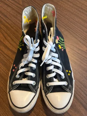 Converse Men 7 Women 9 Black High Top Sneakers Pink & Yellow Floral Embroidery thumbnail 5