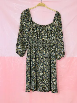 AUW Navy and Yellow Floral Square-Neck Midi Dress thumbnail 2