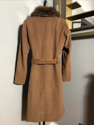 Ellen Tracy Size 6 Brown Wool Blend Belted Pea Coat Fox Fur Collar thumbnail 2