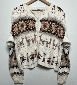 Red Camel VTG 80s Women Novelty Sweater Cardigan Large‎ Tan Camel Prairie Cottage Folk thumbnail 1