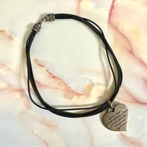 Silver tone double heart pendant necklace on black cord thumbnail 2