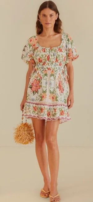 Farm Rio Off-White Bloom Garden Euroflax Premium Linen Mini Dress L thumbnail 1