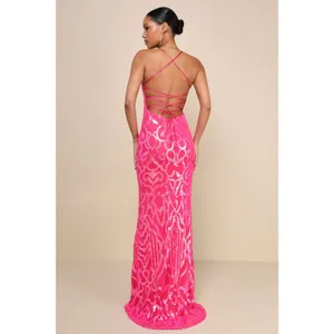 NWT Lulus Perfect Enchantment Hot Pink Sequin Lace-Up Mermaid Dress Ball Sz XXS thumbnail 3