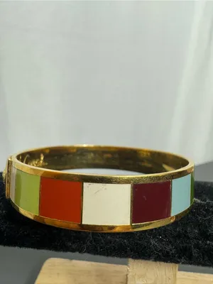 COACH Y2K Legacy Stripe Bangle 1/2" Wide Bracelet Gold Tone Multicolor 7.5" thumbnail 4