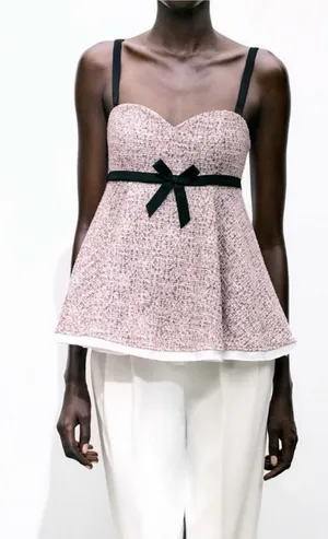 Zara Pink Tweed Sweetheart Camisole with Black Straps thumbnail 1