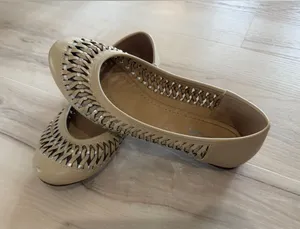 Soda Beige Ballet Flats with Woven Metallic Trim thumbnail 1