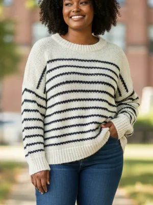 Pink Clover Cream & Black Striped Scoopneck Sweater thumbnail 1
