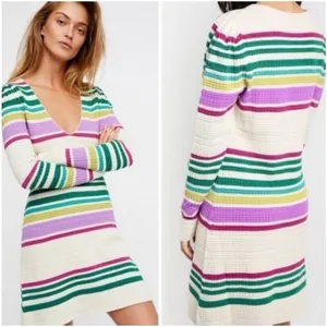 Free People Wide Eyed Striped Waffle Knit Mini Dress Multi Color Boho Size S thumbnail 2