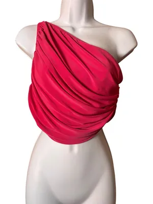 Norma Kamali‎ One Shoulder Diana Crop Top S Pink Ruched Draped Glam Barbiecore thumbnail 1