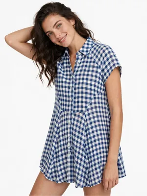 Free People Small Blue White Gingham Plaid Shirt Dress Button Front Boho Casual thumbnail 1