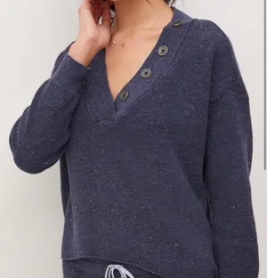 Anthropologie Daily Practice Oversized Button Henley Sweater Speckled Navy S thumbnail 1