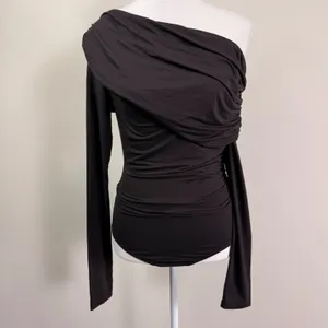 Agolde Kira Bodysuit Black Brown Ruched One Shoulder Long Sleeve Modal Top XS thumbnail 2