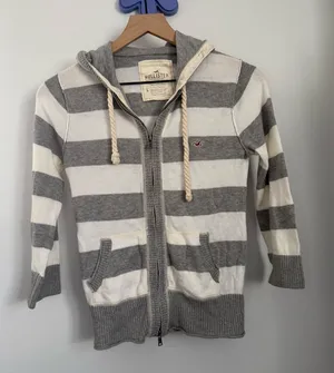 Hollister Y2K Large White Grey Stripe Full Zip Hoodie Grunge 2000s Fitted Beach thumbnail 1