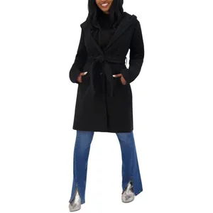 Steve Madden Black Hooded Long Pea-coat Button-Front Coat Small thumbnail 11