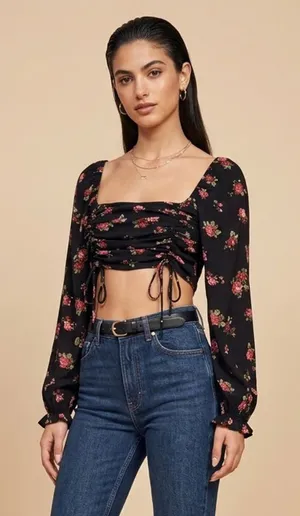 WILD FABLE | Black Y2K Floral Smocked Crop Top Sz L thumbnail 1
