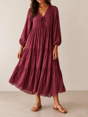 Young Fabulous & Broke Mauve Tiered Boho V Neck Midi Dress XS thumbnail 9