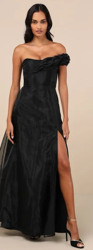 LULU’S Mesmerizing Silhouette Black Organza Off-the-Shoulder Maxi Dress thumbnail 1