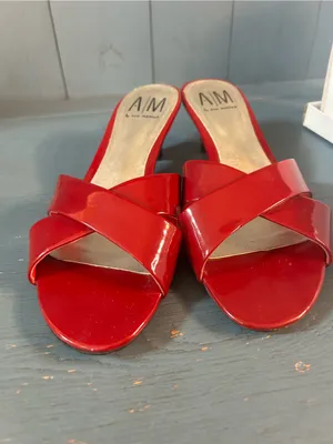 A/M by Eva Martino Red Patent Leather Crisscross Low Heel Mules | Size 9.5 thumbnail 2
