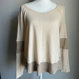 FP One Cream and Brown Boho Colorblock Thermal Ribbed Blouse Size M thumbnail 2