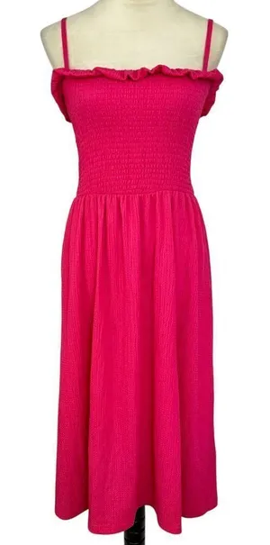 H&M Hot Pink Smocked Midi Dress Ruffle Trim Spaghetti Strap Sundress Women Large thumbnail 1