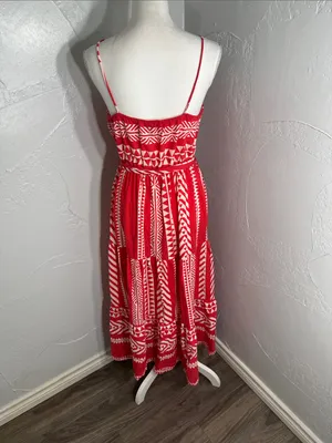 Vero Moda Soft Red & White Cotton Maxi Dress – Boho Geometric Print. thumbnail 8