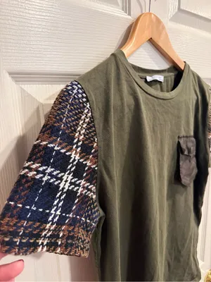 Zara Olive Green Tee with Brown & Navy Plaid Sleeves thumbnail 3